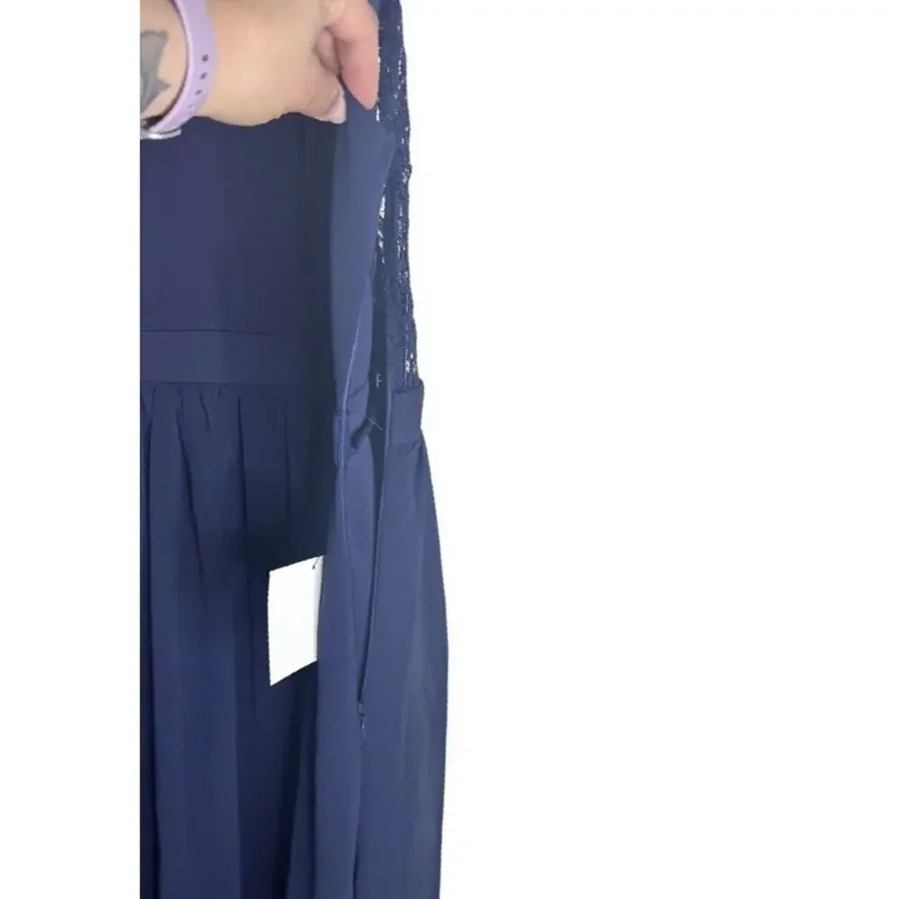 Lulu’s Dress Maxi Lovespell Lace Back Navy Blue Size Large Bridesmaid Formal NWT